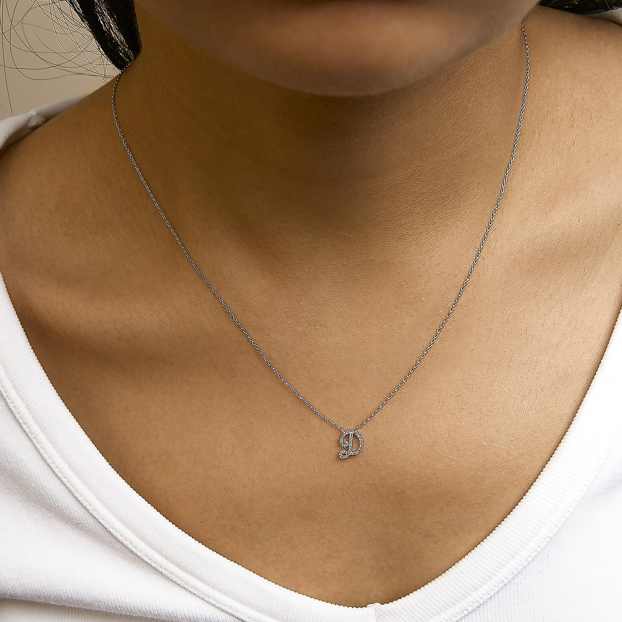 14K White Gold Diamond Accent "A-Z" Initial Script Style Pendant Necklace