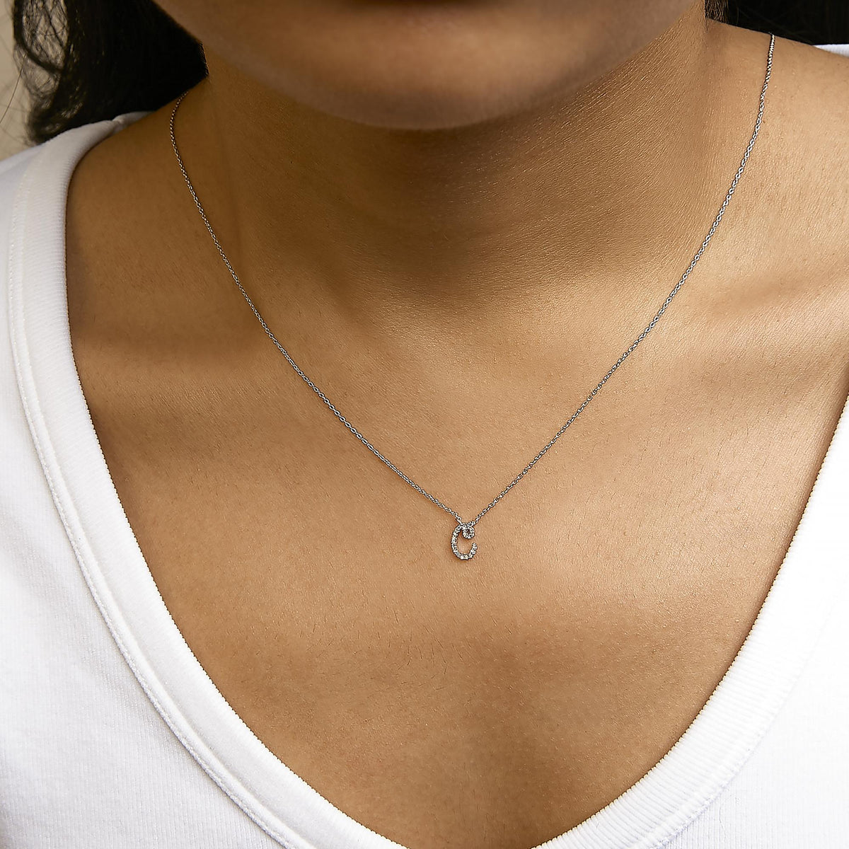 14K White Gold Diamond Accent "A-Z" Initial Script Style Pendant Necklace