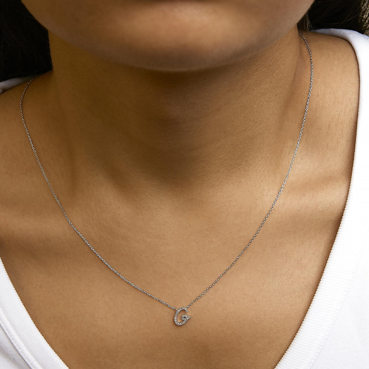 14K White Gold Diamond Accent "A-Z" Initial Script Style Pendant Necklace