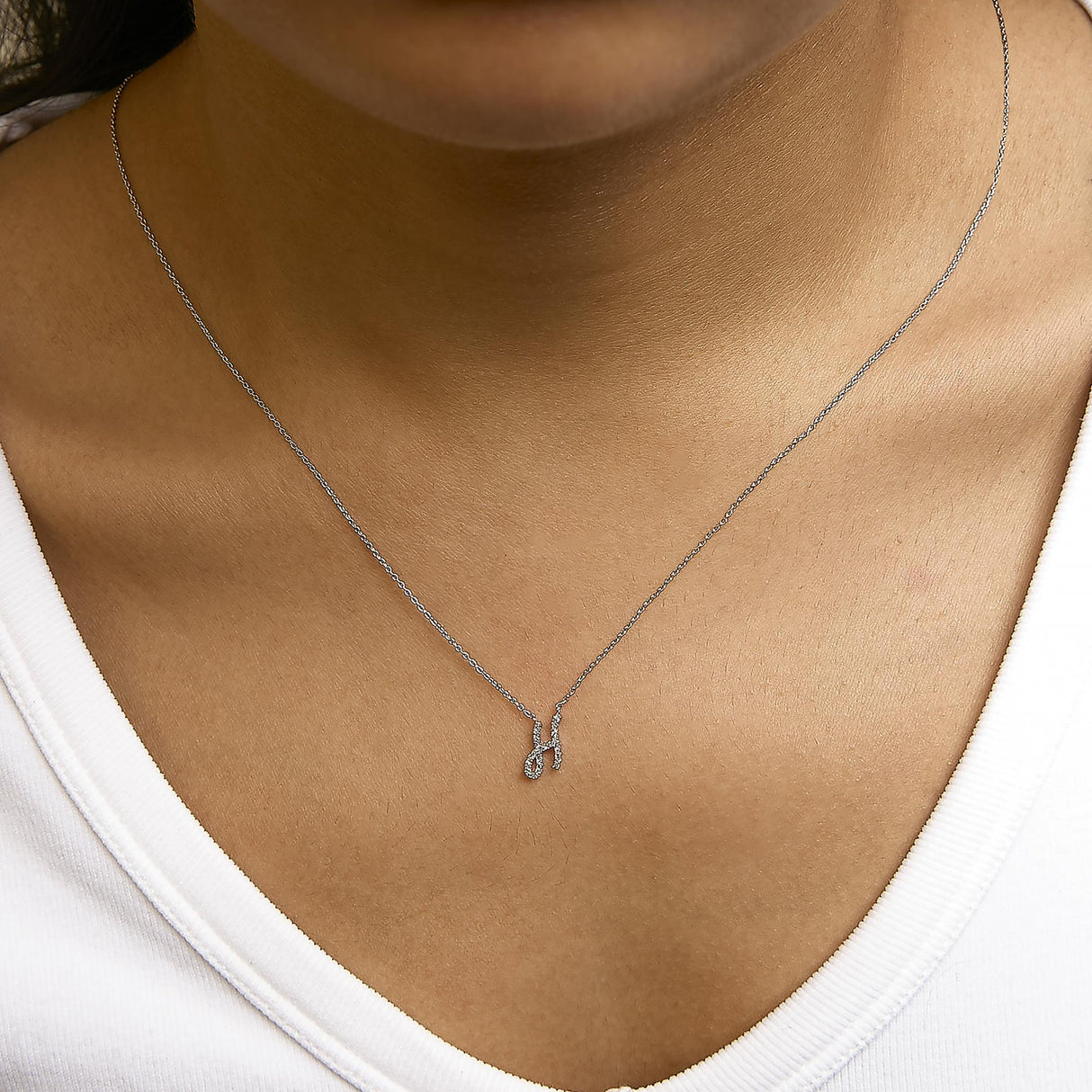 14K White Gold Diamond Accent "A-Z" Initial Script Style Pendant Necklace