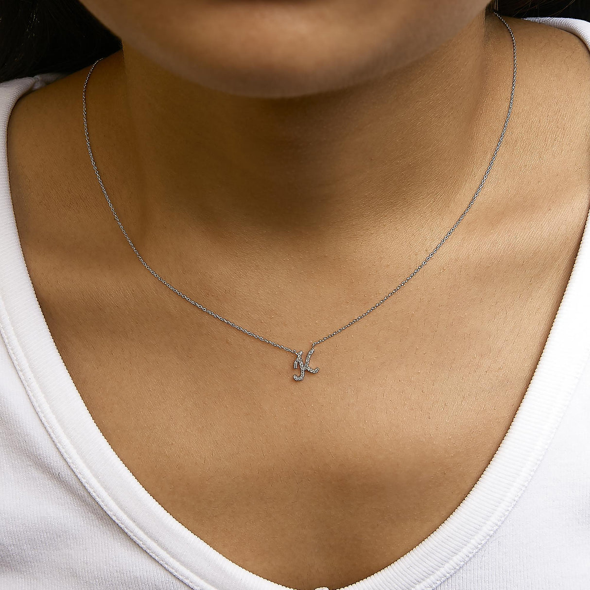 14K White Gold Diamond Accent "A-Z" Initial Script Style Pendant Necklace