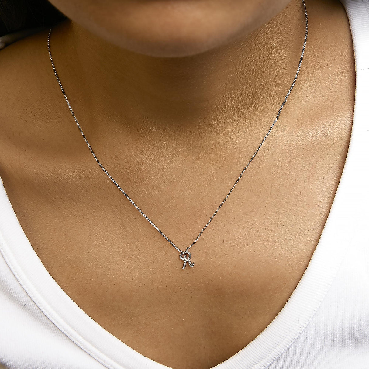 14K White Gold Diamond Accent "A-Z" Initial Script Style Pendant Necklace