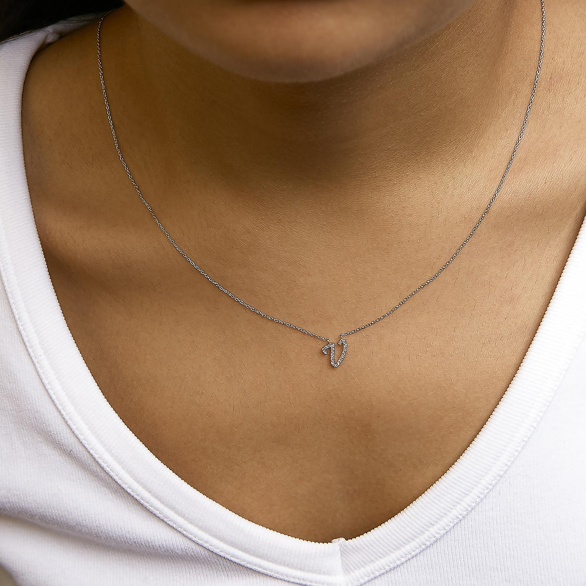 14K White Gold Diamond Accent "A-Z" Initial Script Style Pendant Necklace