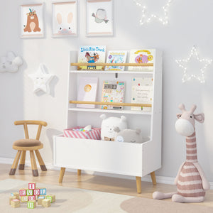 White Bookshelf Book Organizer with Toy Storage - White