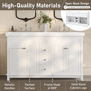 Bathroom Vanity With Double Sinks, 3 Drawers & 4 Doors, Soft Close, All Open Back Design - White