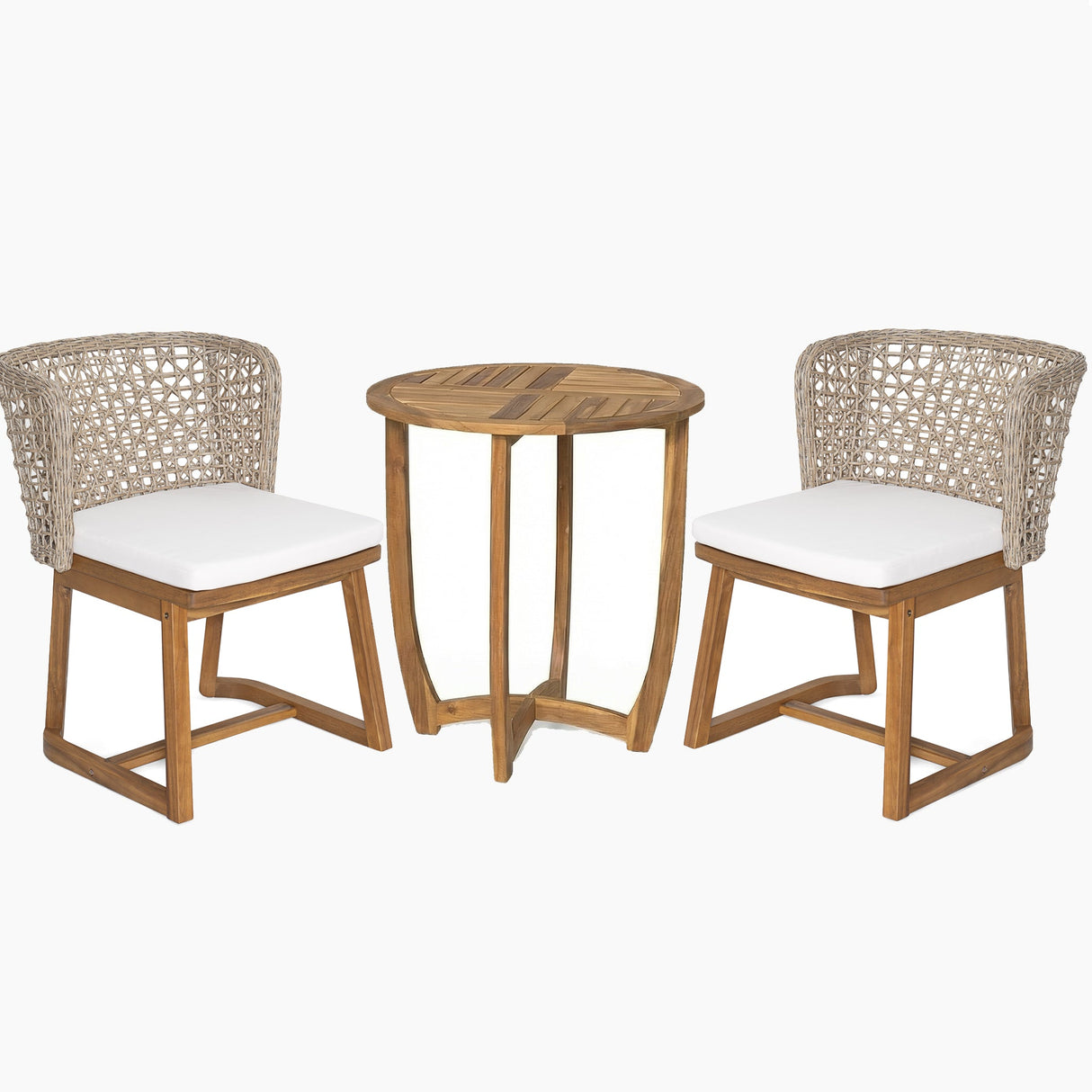 3-Piece Outdoor Dining Set with Teak Finish Acacia Wood Table & Wicker Chairs