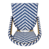 29.5" outdoor pe rattan french barstool, navy blue and white, aluminum frame with bamboo finish (set of 2)