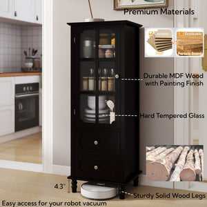Black Tall Storage Cabinet with Glass Door & 2 Drawers