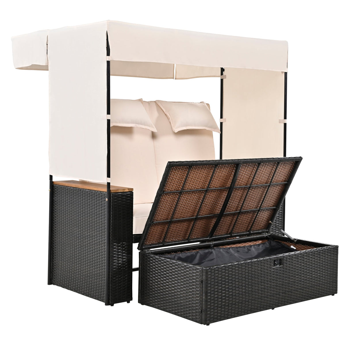 Bethany Two-Person Outdoor Rattan Daybed with Adjustable Canopy and Hidden Storage