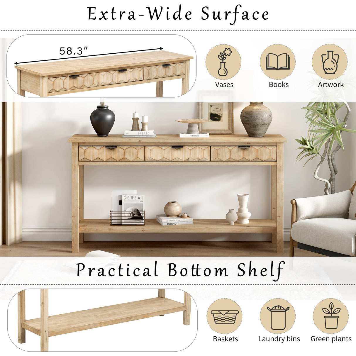 U_Style 58.3'' Fir Veneer Entryway Table with Honeycomb-patterned Fronts