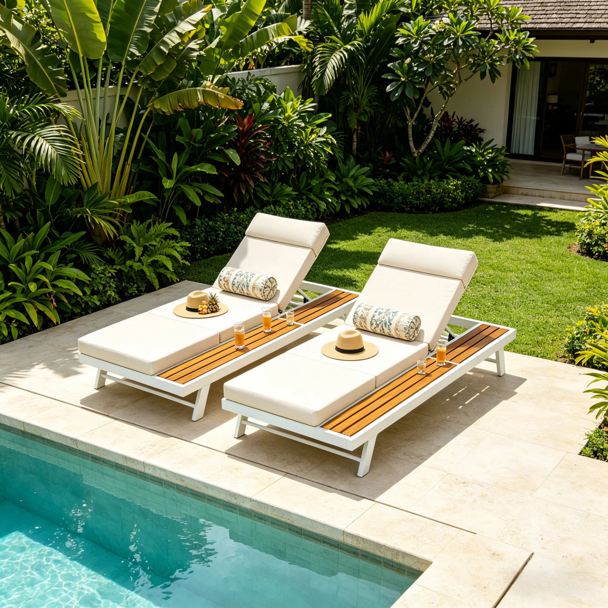 White Iron and Teak Finish Outdoor Chaise Lounge Set
