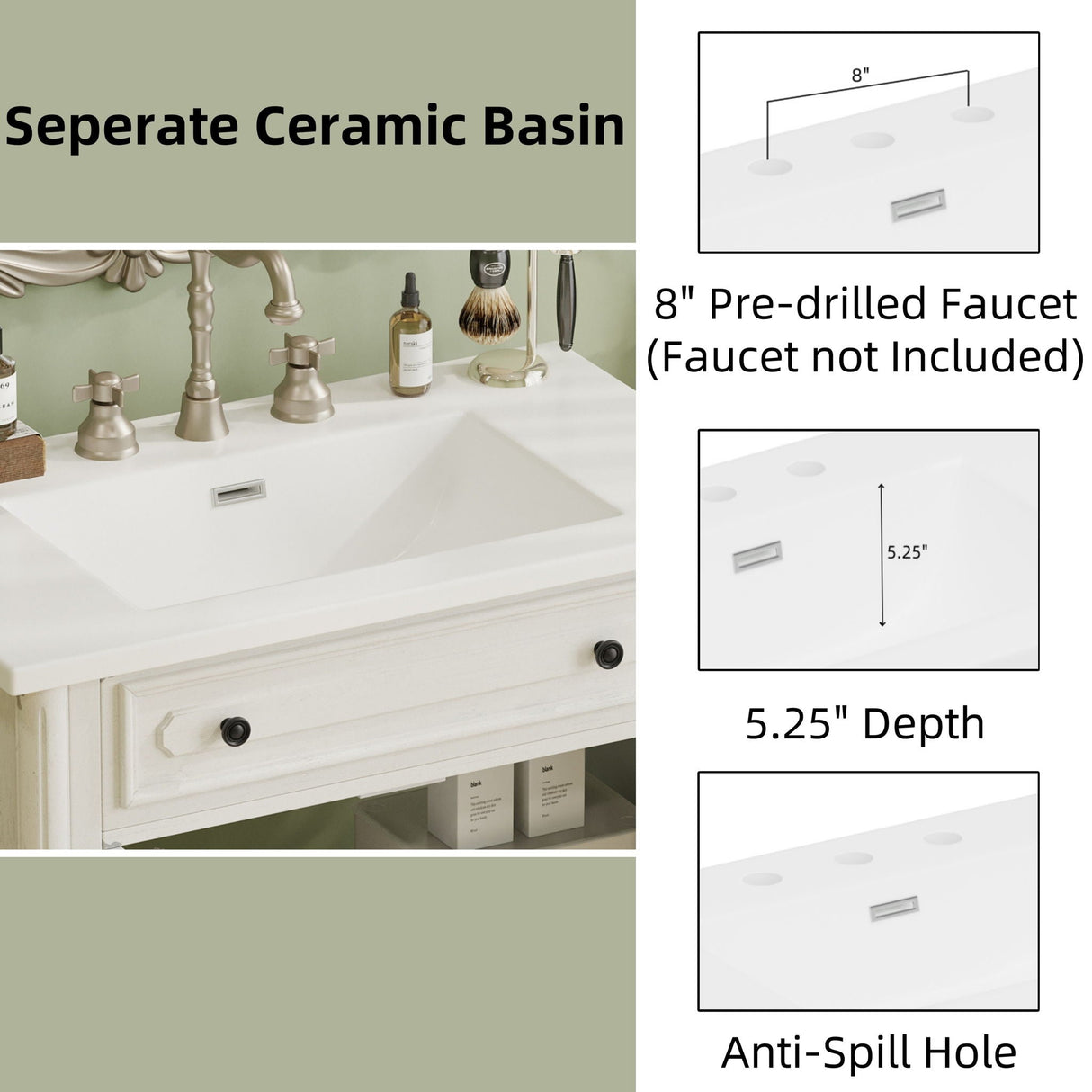 Vintage Bathroom Vanity With Sink, Rustic Cabinet With Soft Close Doors