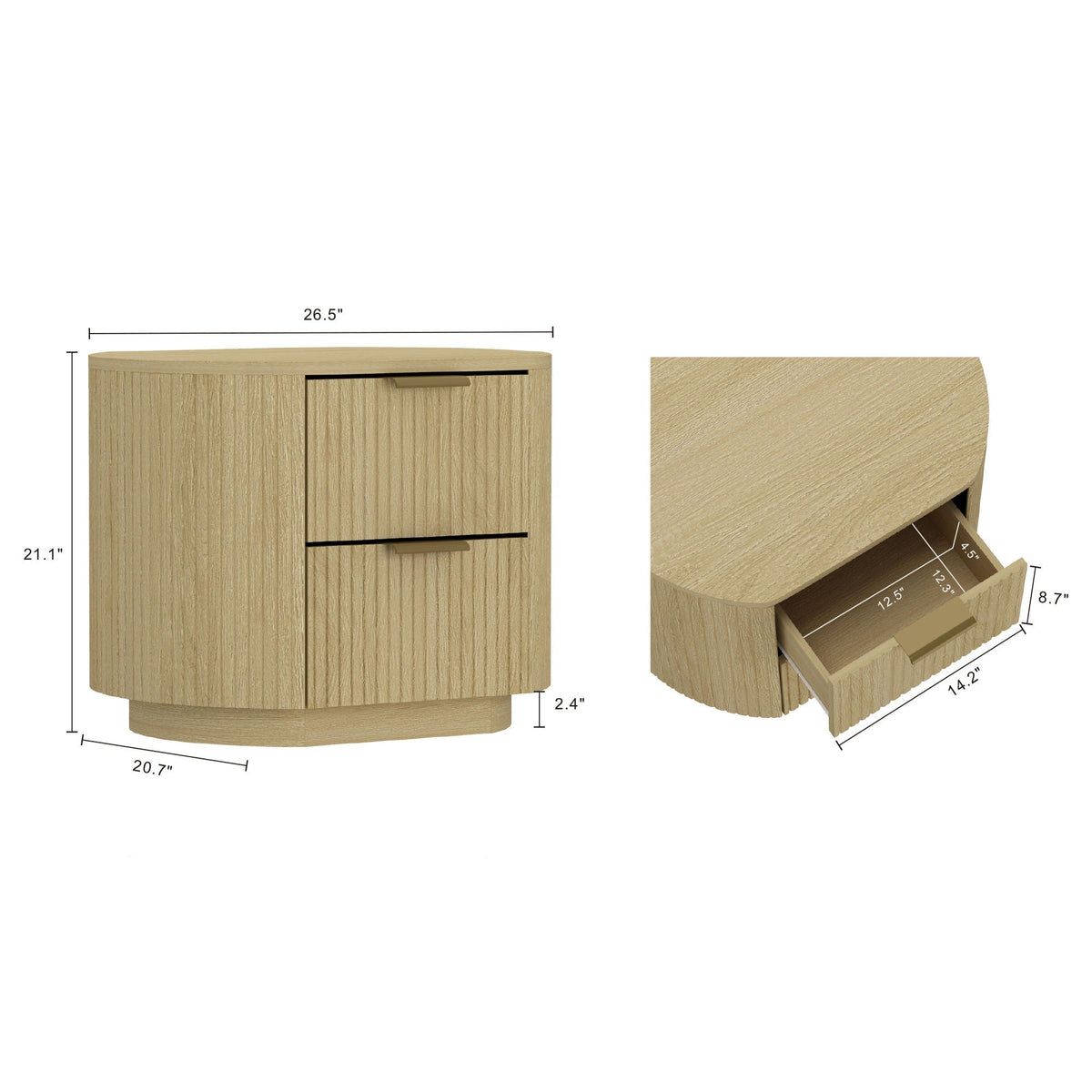 Oak Nightstand with Two Drawers and Ribbed Texture - Oak