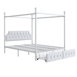 Queen Size Canopy Platform Bed With Upholstered Headboard And 2 Storage Drawers - White