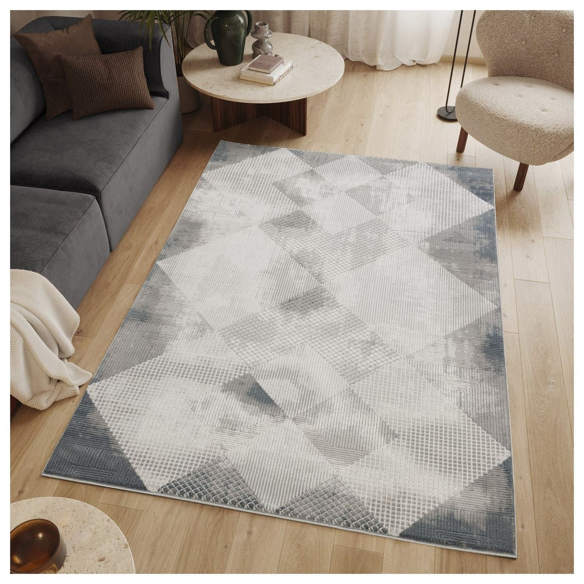 Geometric 3D Area Rug with Layered Texture - Gray/Ivory