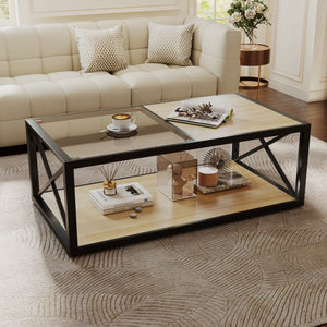 Modern Coffee Table with Tempered Glass and Natural Wood MDF Top