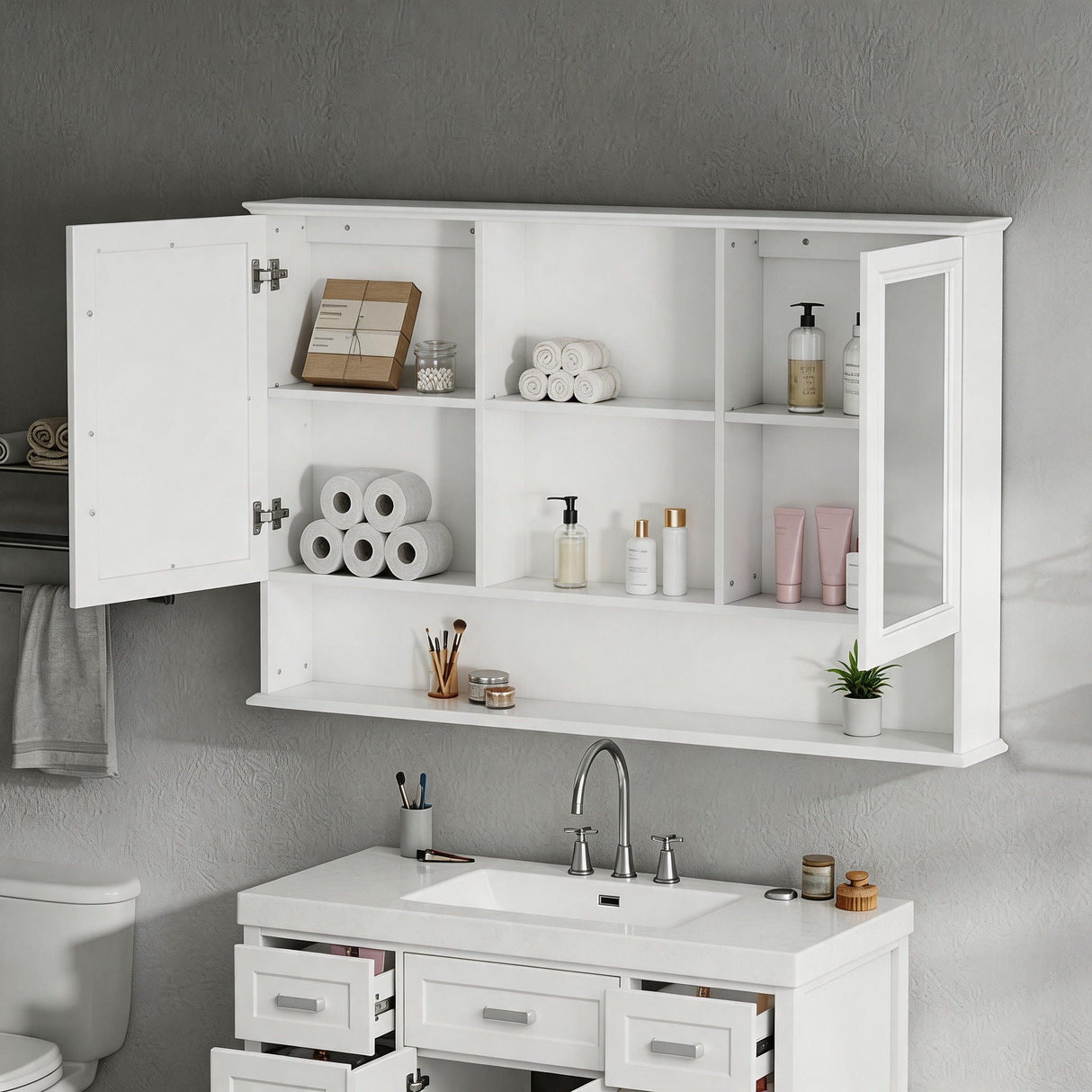 Wall Mounted Bathroom Medicine Cabinet With Double Mirrored Doors