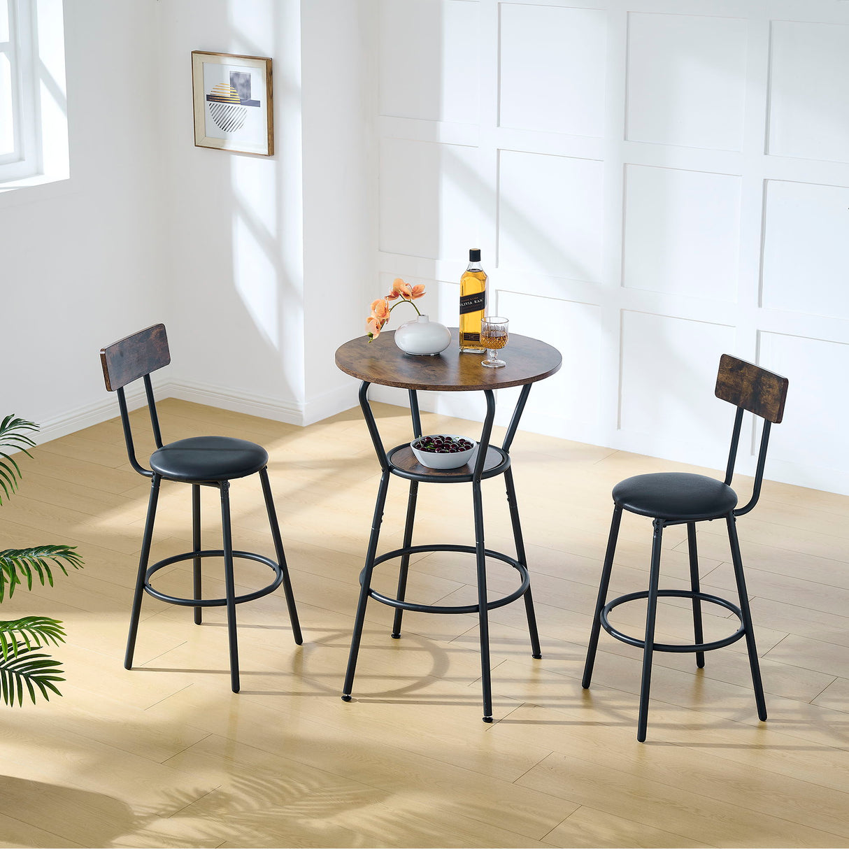 Rustic Brown Round Bar Table And Stool Set With Shelf, Upholstered Stool With Backrest - Antique Brown