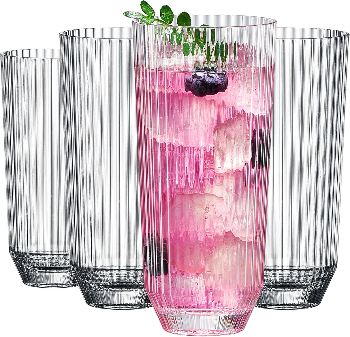 Shatterproof Ribbed Drinking Glasses – Set of 4 Clear 12oz