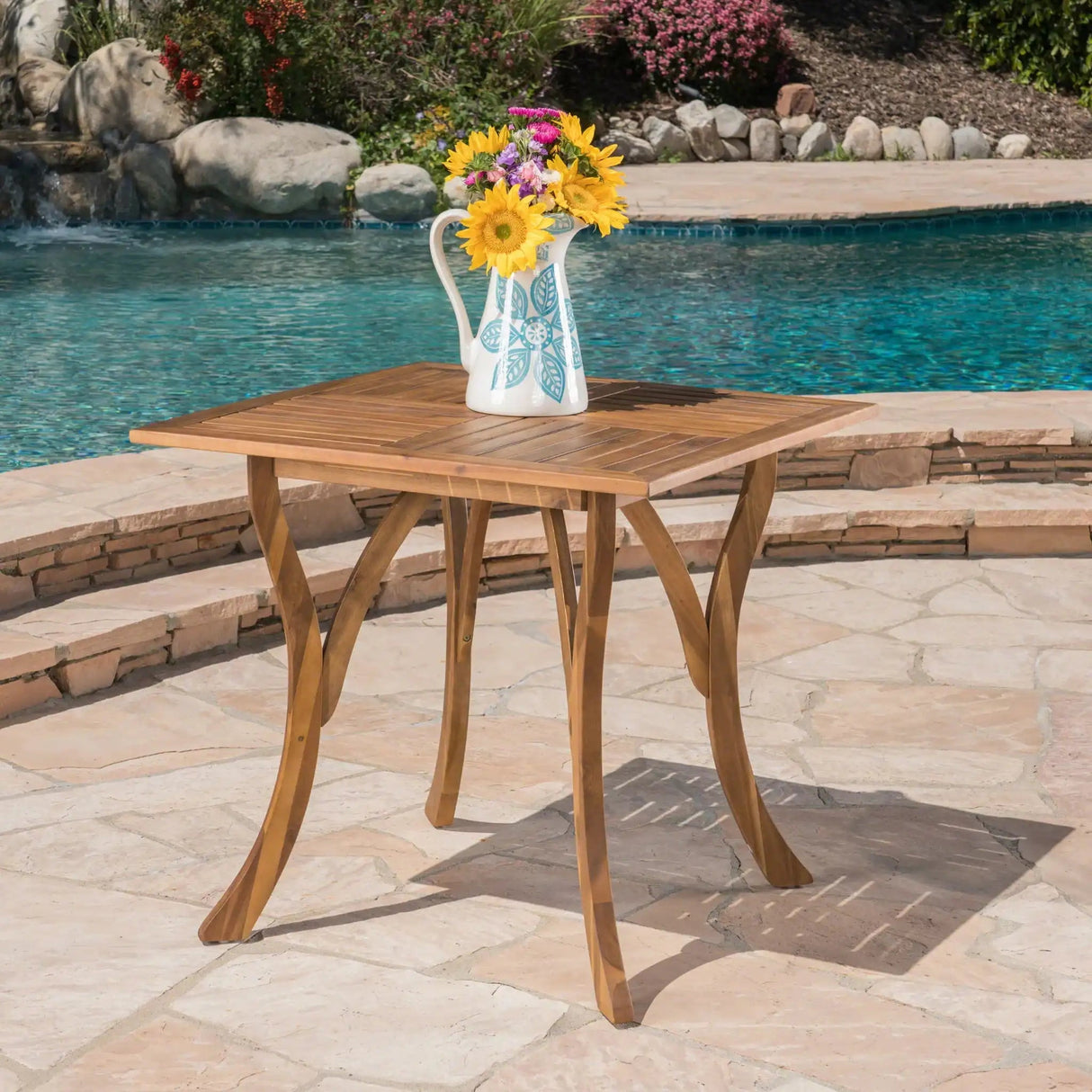Outdoor Rectangular Table with Curved Legs and Perpendicular Wooden Slats Table Top