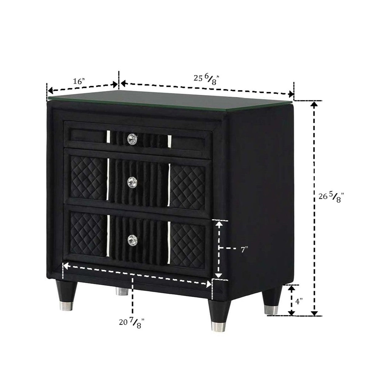 1 Piece Nightstand Upholstery Textured Look Luxurious Feel Drawer Fronts Crystal Style Knobs - Black