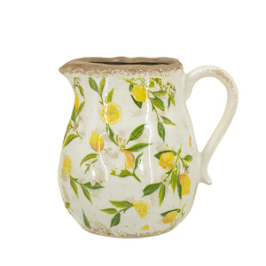 7.9x6.5x7.9" White Ceramic Pitcher Vase with Yellow Lemon Motif