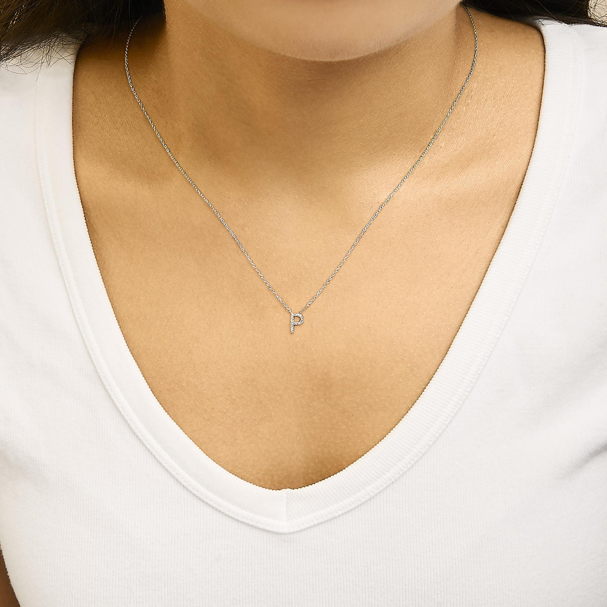 10K White Gold Diamond Accent "A-Z" Block Initial Pendant Necklace