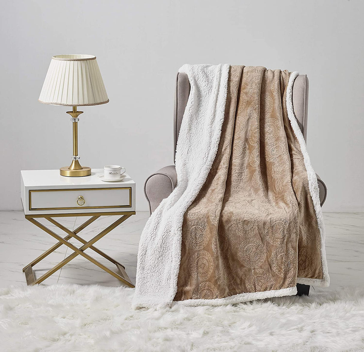 Bon iver collection extra soft mandala embossed microplush throw blanket with sherpa backing