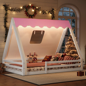 Full Size House Floor Bed with Tent and Light