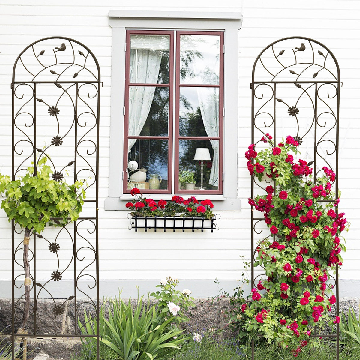 Rustproof Metal Garden Trellis Set with Reliable Plant Support - Brown