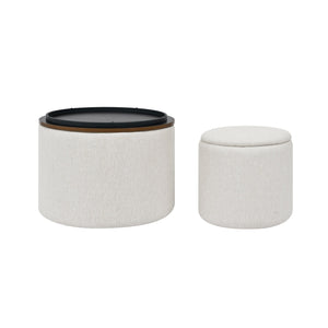 Classic 2-Piece Round Chenille Storage Ottoman Set with Drum Shaped Stool - Beige