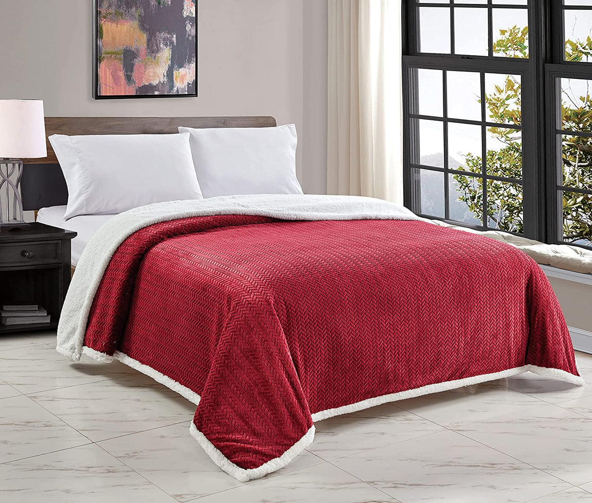Homeessentials extra heavy and plush chevron braided king size microplush jacquard blanket with sherpa backing (108" x 90") - burgundy