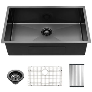 28" Undermount Kitchen Sink 16 Gauge 10" Deep Single Bowl - Gunmetal Black