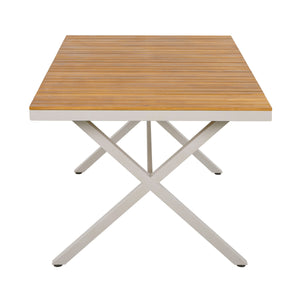 Outdoor 7-Piece Dining Set - Rectangular Teak Wood Table + 6 Wicker Chairs with Cushions
