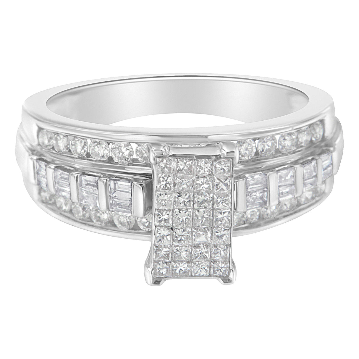 14K White Gold 1.0 Cttw Mixed-Cut Diamond Rectangle Invisible-Set Composite Cluster Ring with Bar- and Channel-Set Band (H-I Color, SI2-I1 Clarity) - Size 7