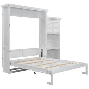Queen Size Murphy Bed With Louvered Design And Multiple Storage Shelves - White