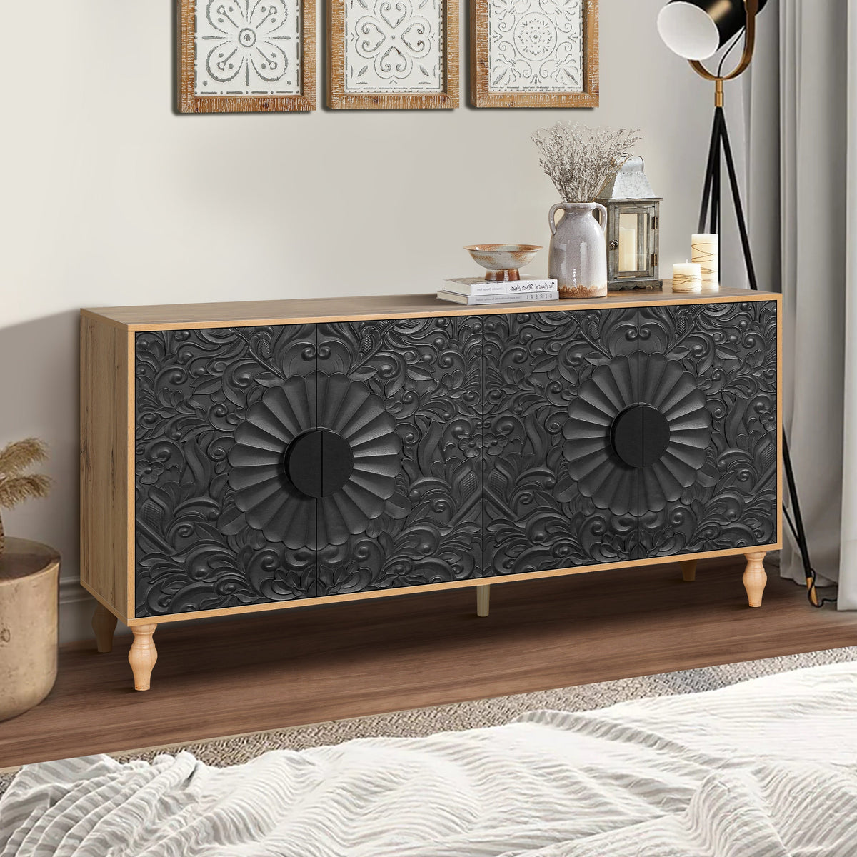 Black Carved Symmetrical Design Door And Wood Coloured Frame TV Stand