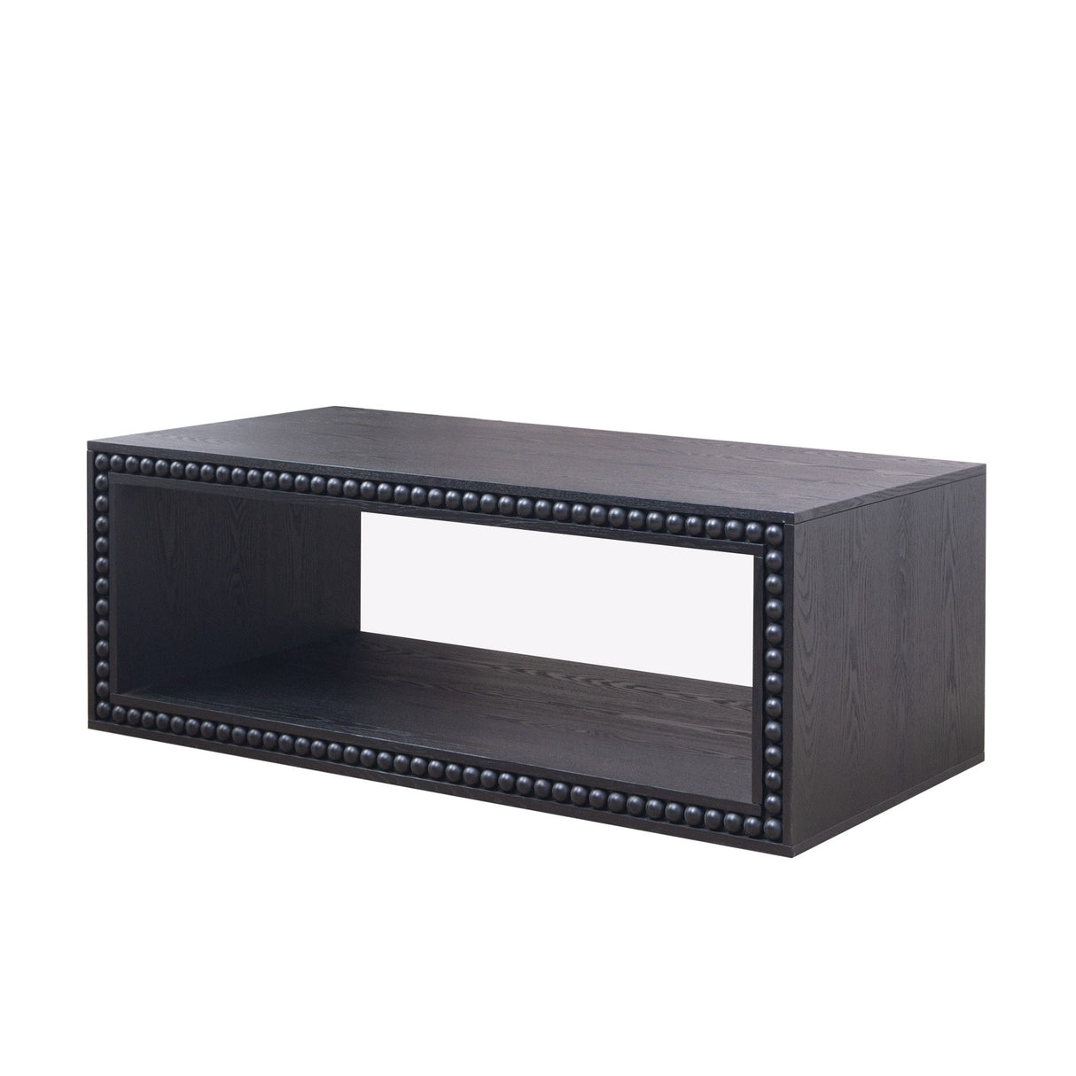 Black Beaded Edge Coffee Table – 47.6' Rectangular Center Table with Open Storage Shelf, Modern Farmhouse Style, Solid Black Finish