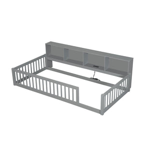 Twin Long Floor Bed With Storage Cabinets And USB Ports - Gray