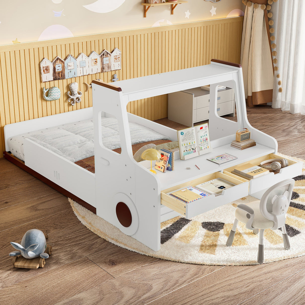 Twin Size Car-Shaped Floor Bed with Storage for Kids