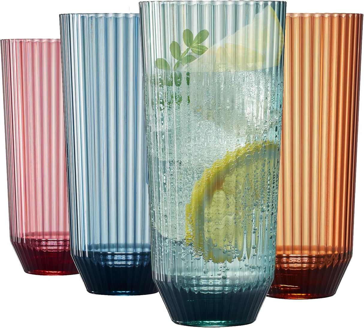 Shatterproof Ribbed Drinking Glasses , Dishwasher Safe, Tall | Set of 4 | Unbreakable BPA-free Plastic, 12OZ