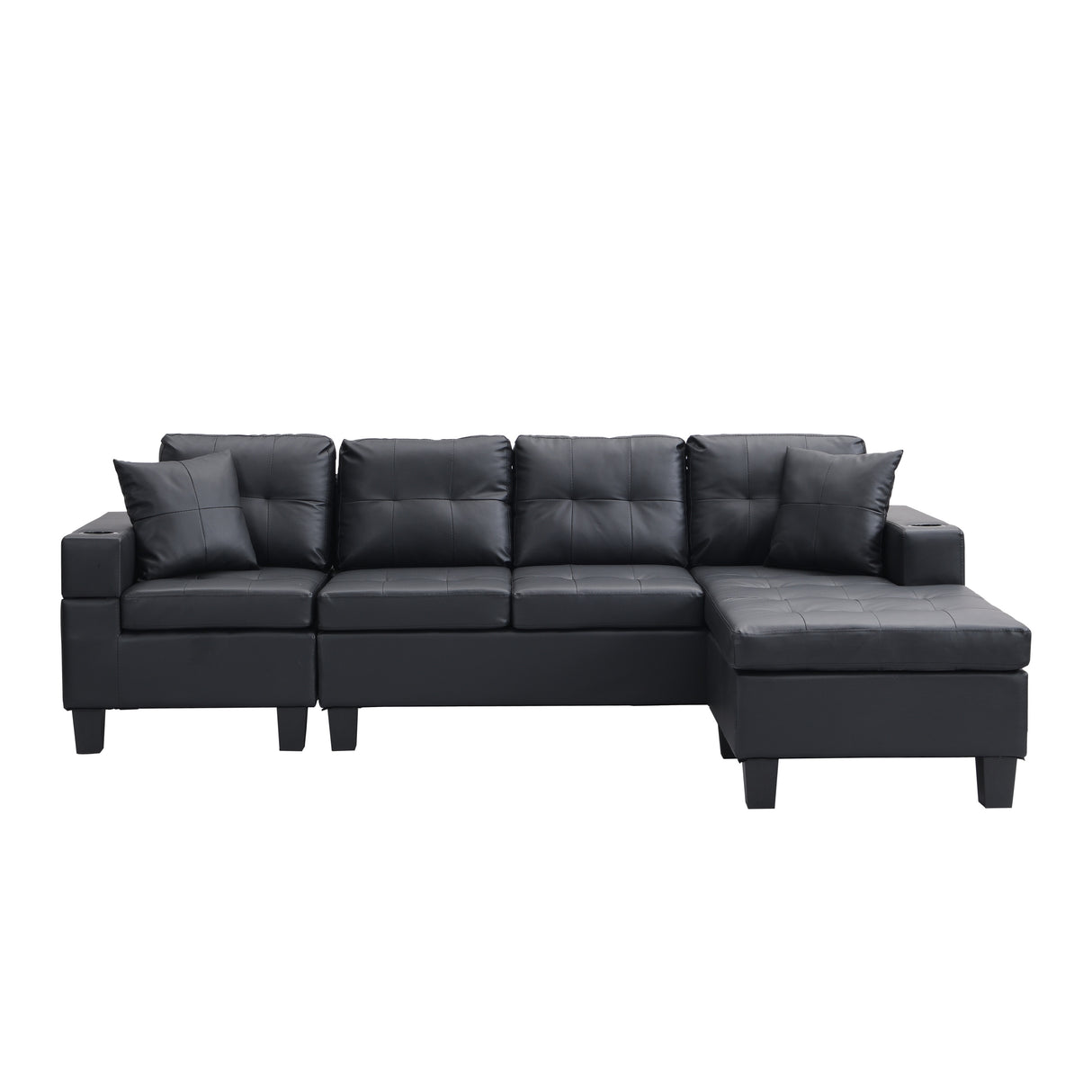 Modern-Sectional-Sofa-Set-with-L-Shape-Chaise-Lounge,-Cup-Holder,-Black-PU-leather,-4-Seater-Sofas-&-Sectionals