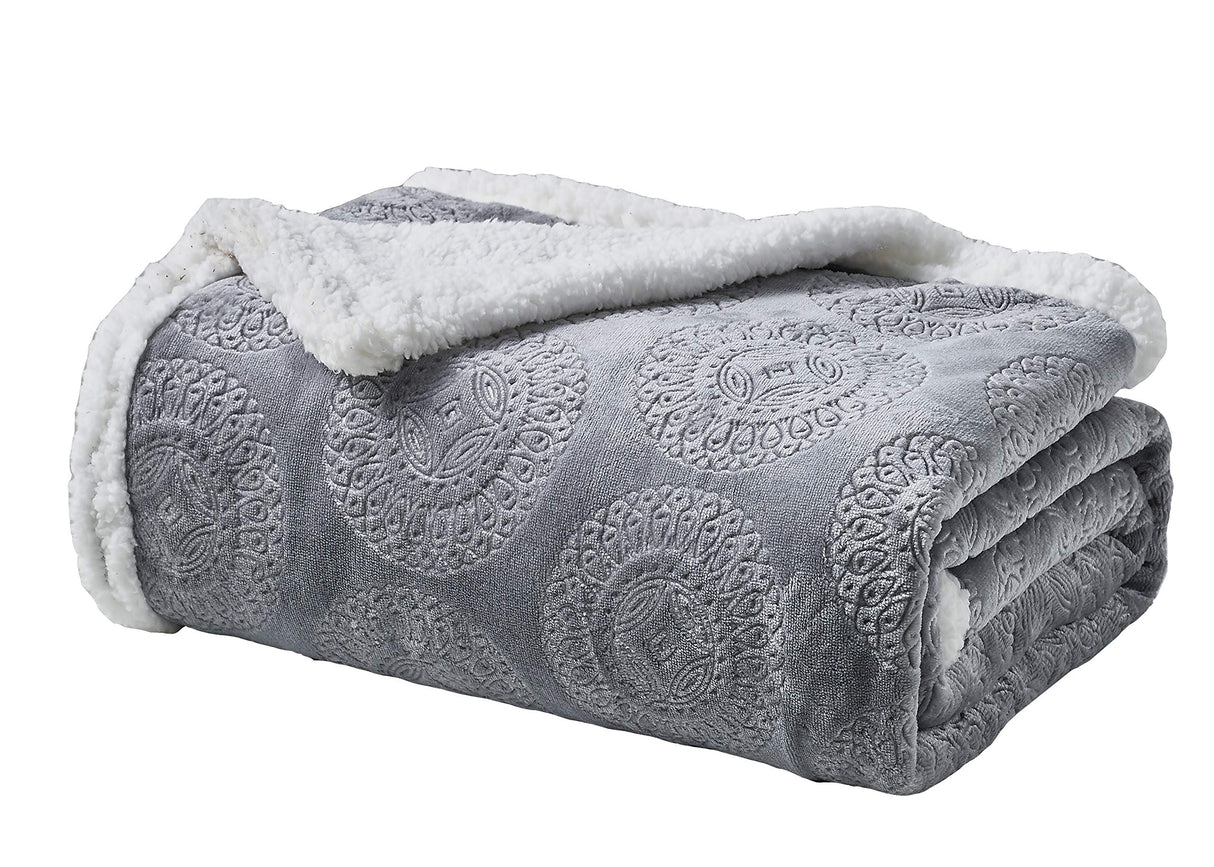 Decor&More Bon Iver Collection Extra Soft Mandala Embossed Microplush Throw Blanket with Sherpa Backing (50" x 60")