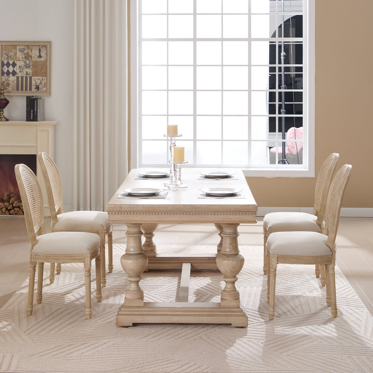 French Country Dining Chairs Set of 2 Upholstered with Rattan Back