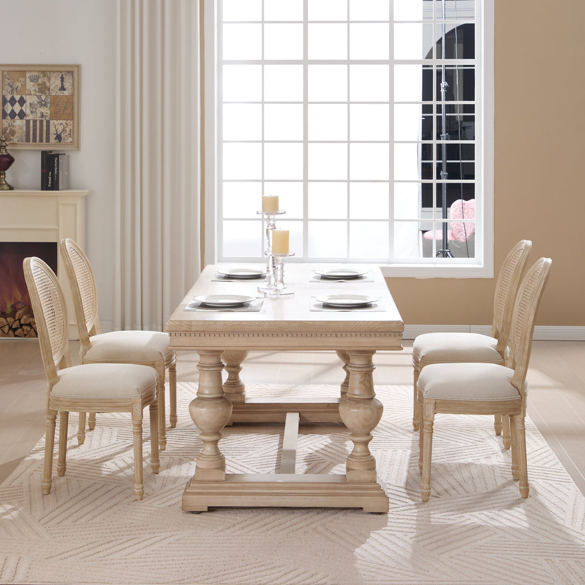 French Country Dining Chairs Set of 2 with Rattan Back - Beige Upholstery