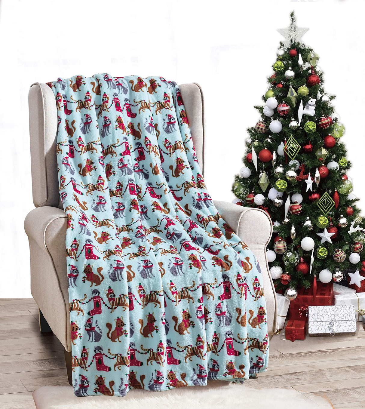 Faith, Hope, Love Home Decor Home Essentials Ultra Soft Blue Christmas Cats Holiday Throw Blanket (50" X 60")
