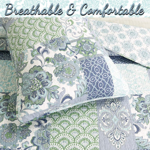 Windfall Blue Print Patchwork Cotton Reversible Quilt Bedding Set