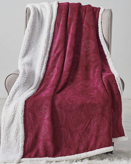 Bon iver collection extra soft mandala embossed microplush throw blanket with sherpa backing