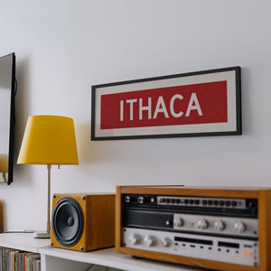 Framed Ithaca Red and White Bus Scroll