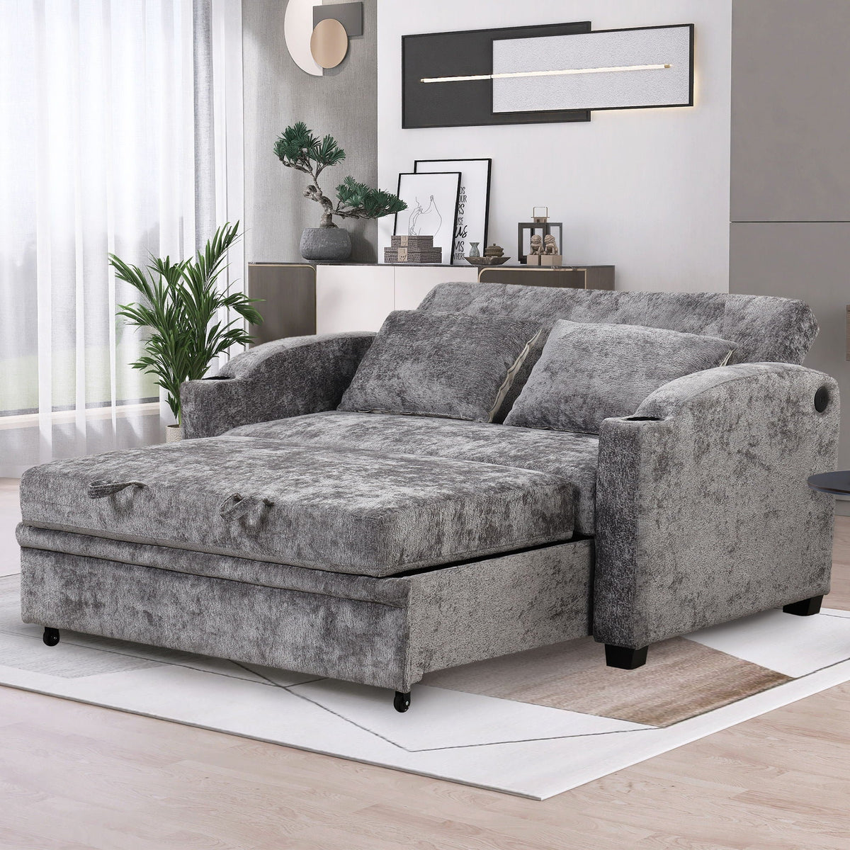 Pull Out Loveseat Sofa With Adjsutable Backrest, 2 Pillows, Cup Holders, USB Ports For Living Room